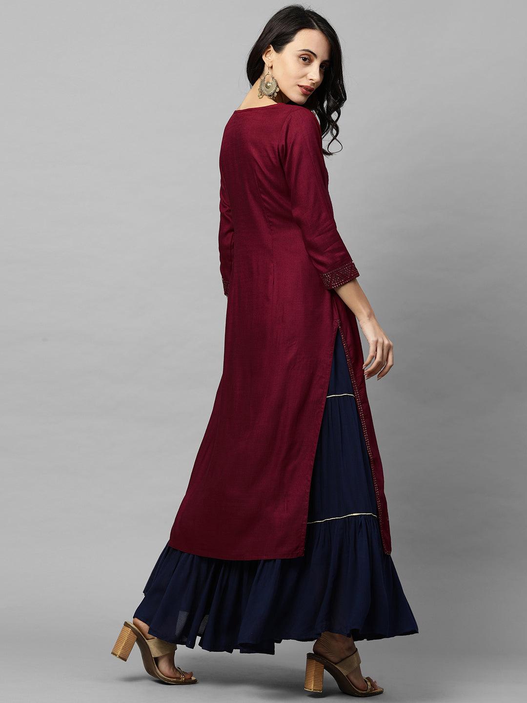 Ethnic Sequins Embroidered Straight Kurta - Burgundy - Indiakreations