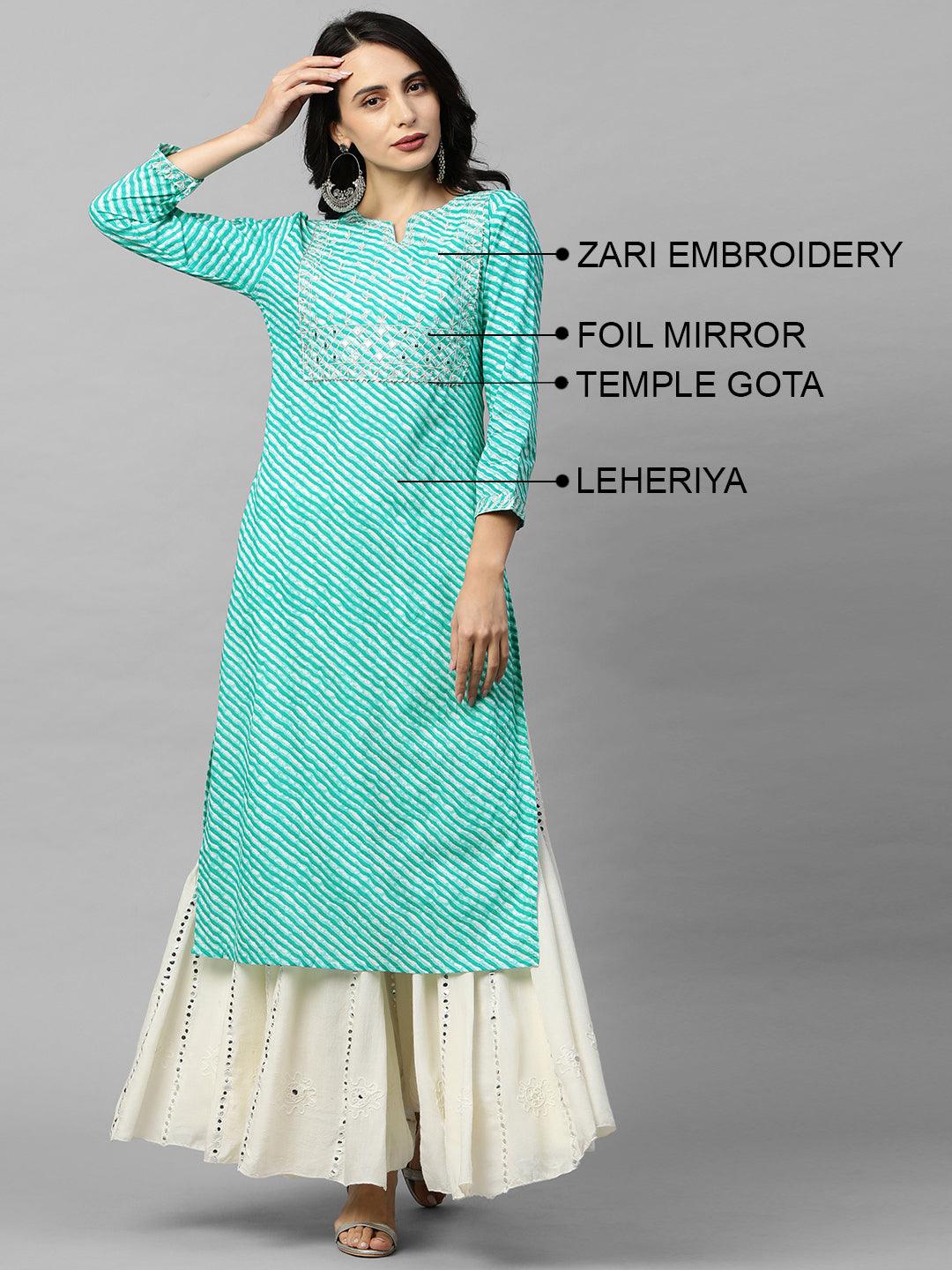 Leheriya Printed & Zari Embroidered Straight Kurta - Blue - Indiakreations