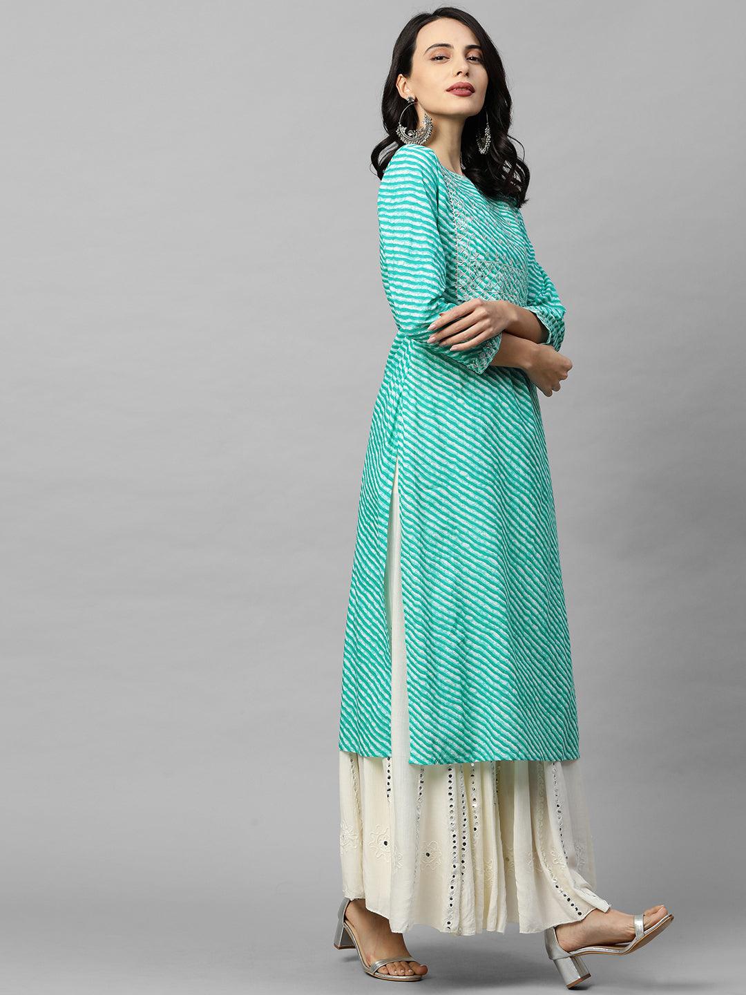 Leheriya Printed & Zari Embroidered Straight Kurta - Blue - Indiakreations