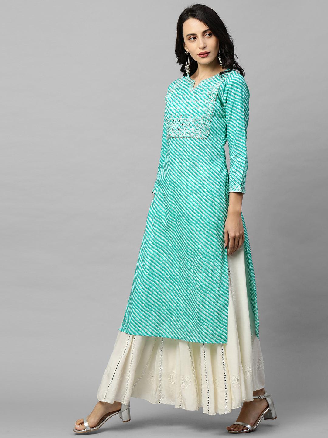 Leheriya Printed & Zari Embroidered Straight Kurta - Blue - Indiakreations