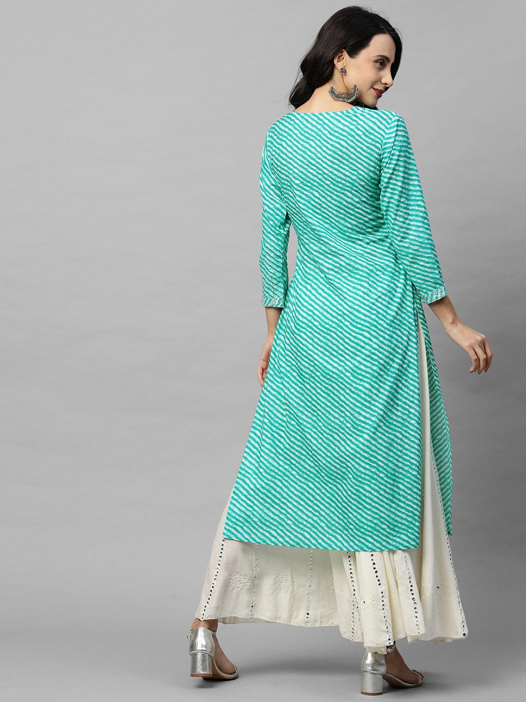 Leheriya Printed & Zari Embroidered Straight Kurta - Blue - Indiakreations