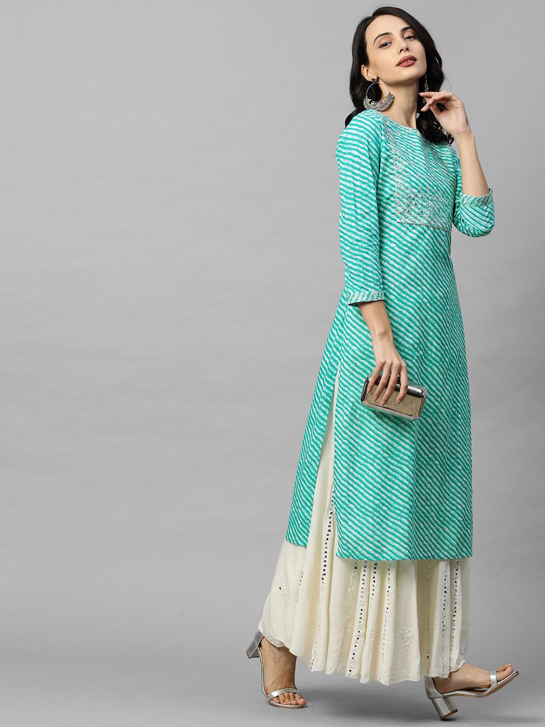 Leheriya Printed & Zari Embroidered Straight Kurta - Blue - Indiakreations