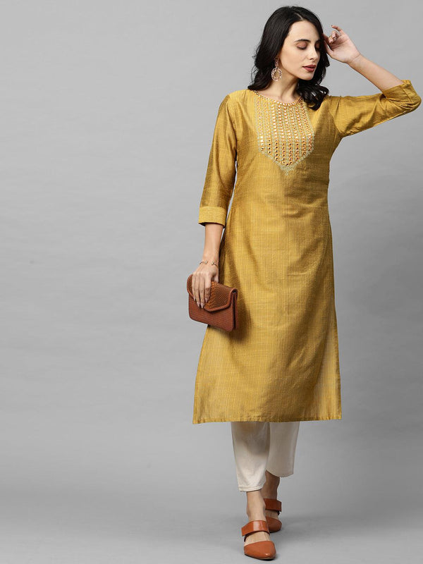 Foil Mirror Embroidered Straight Kurta - Golden Yellow - Indiakreations