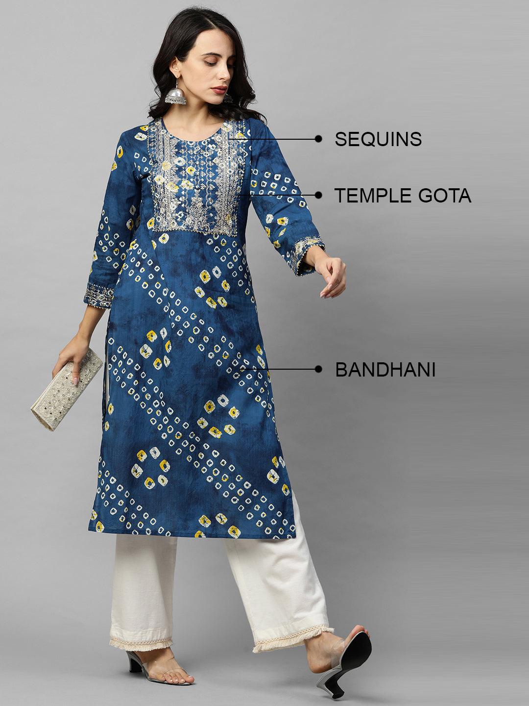 Bandhani Print & Sequins Embroidered Straight Kurta - Blue - Indiakreations