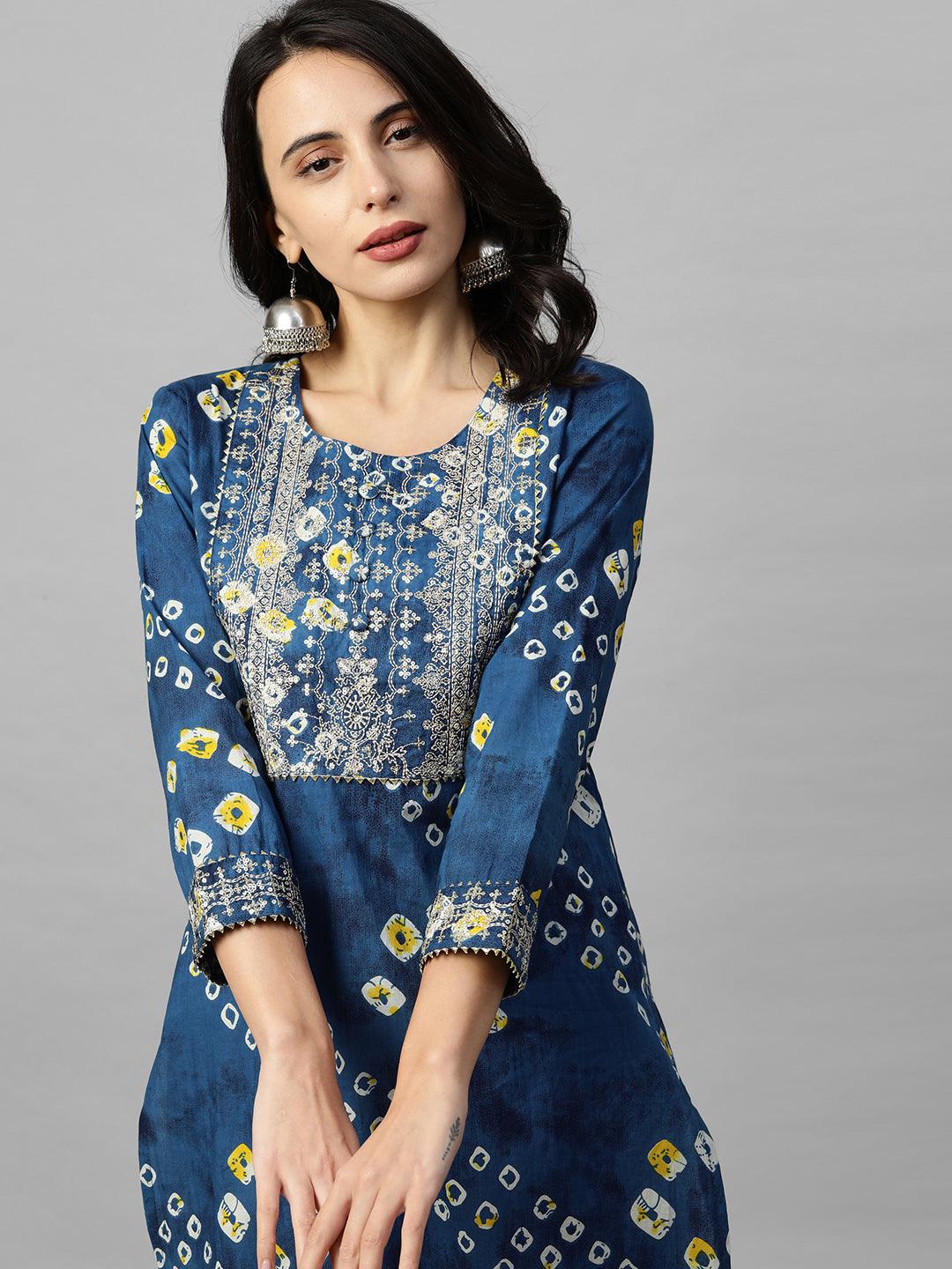 Bandhani Print & Sequins Embroidered Straight Kurta - Blue - Indiakreations