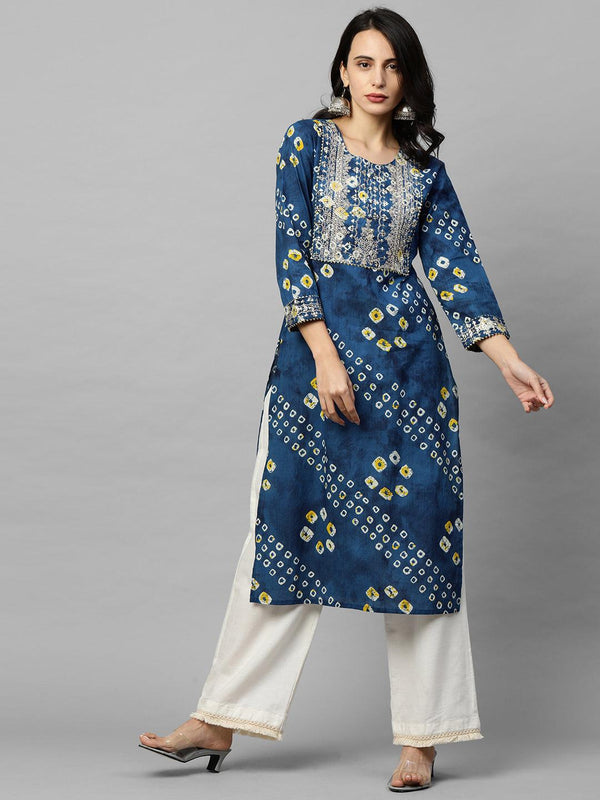 Bandhani Print & Sequins Embroidered Straight Kurta - Blue - Indiakreations