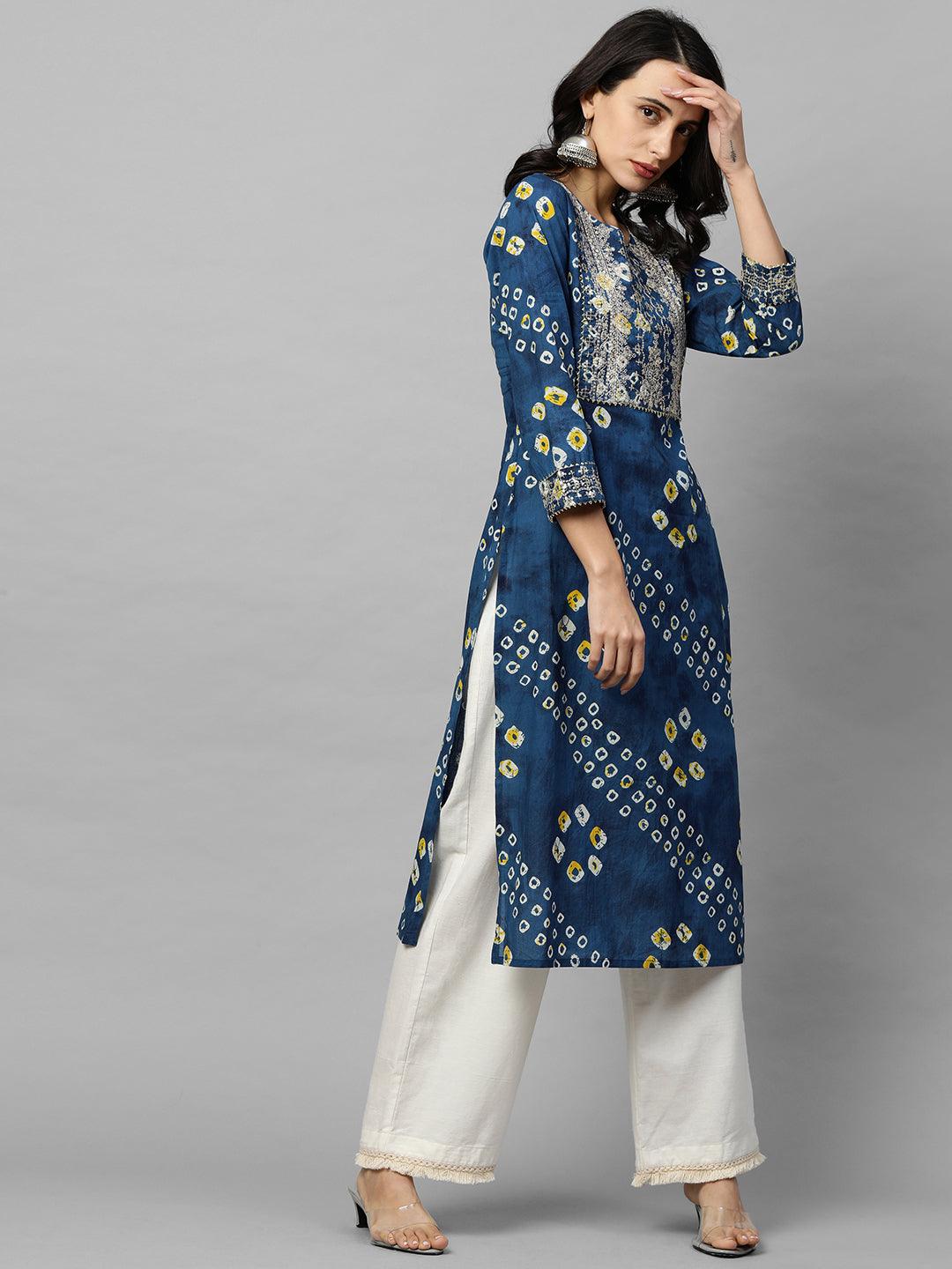 Bandhani Print & Sequins Embroidered Straight Kurta - Blue - Indiakreations