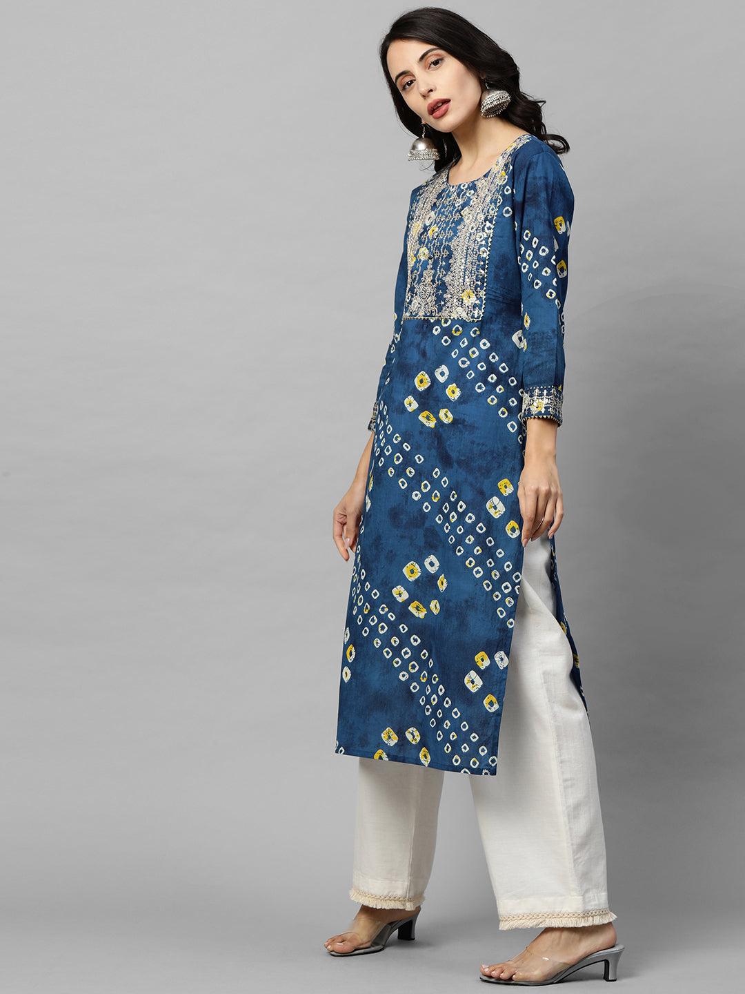 Bandhani Print & Sequins Embroidered Straight Kurta - Blue - Indiakreations