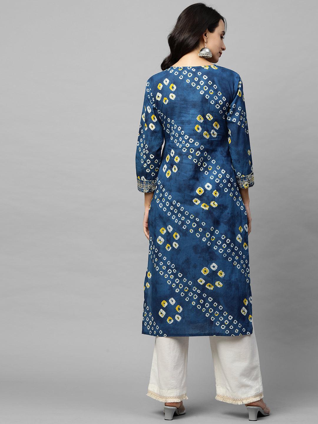 Bandhani Print & Sequins Embroidered Straight Kurta - Blue - Indiakreations