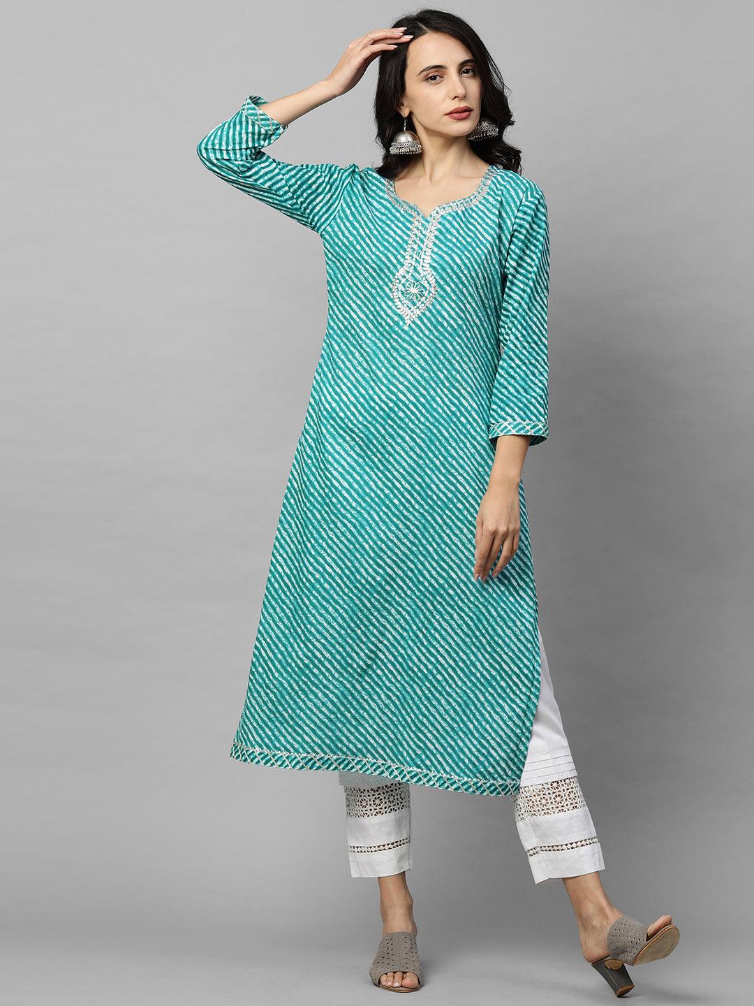 Leheriya Printed & Zari Embroidered Straight Kurta - Sea Green - Indiakreations