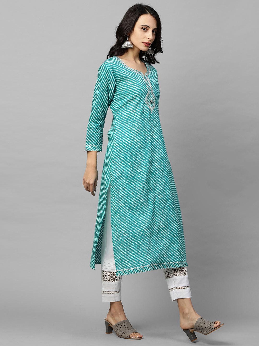 Leheriya Printed & Zari Embroidered Straight Kurta - Sea Green - Indiakreations