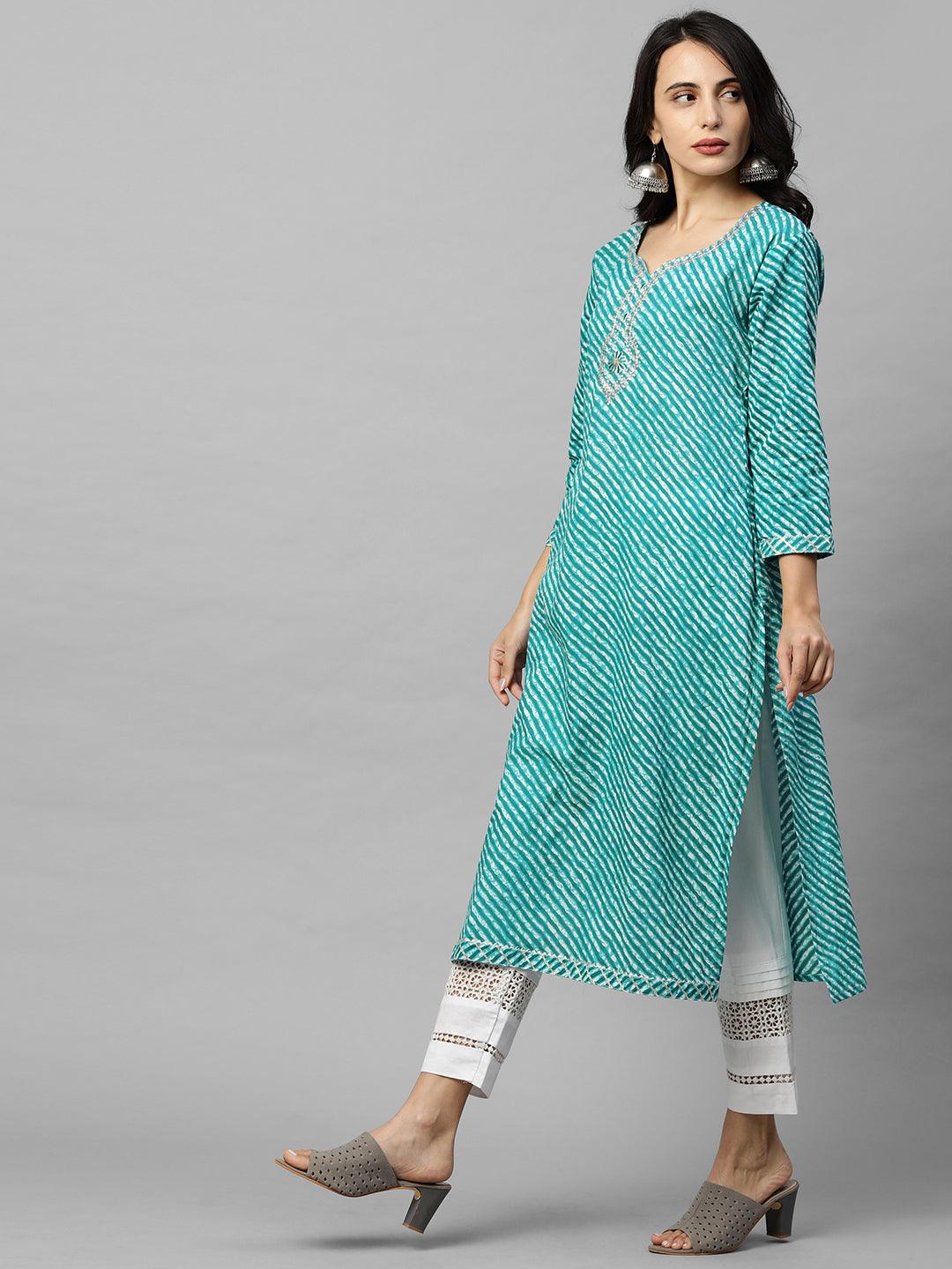 Leheriya Printed & Zari Embroidered Straight Kurta - Sea Green - Indiakreations