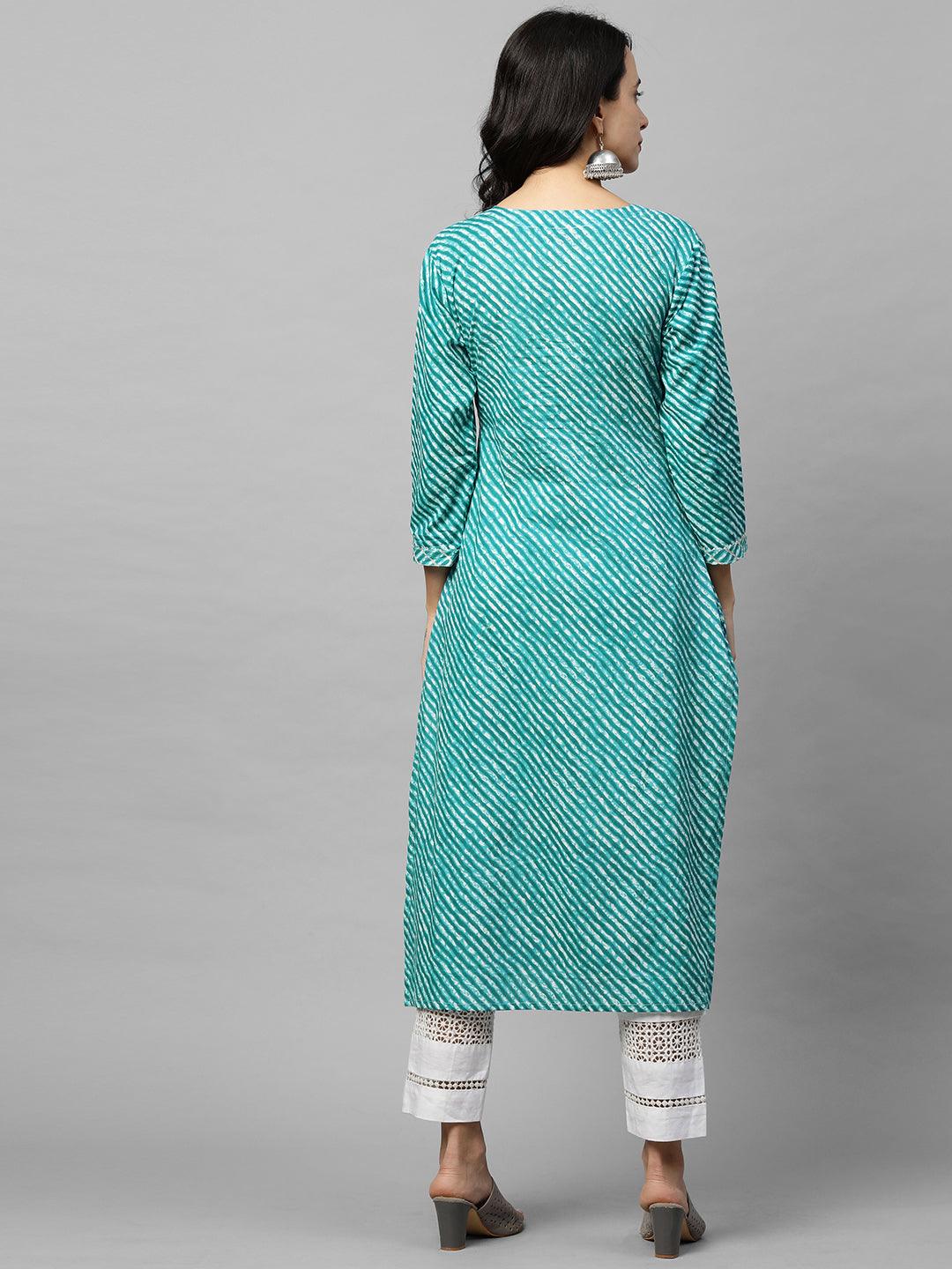 Leheriya Printed & Zari Embroidered Straight Kurta - Sea Green - Indiakreations