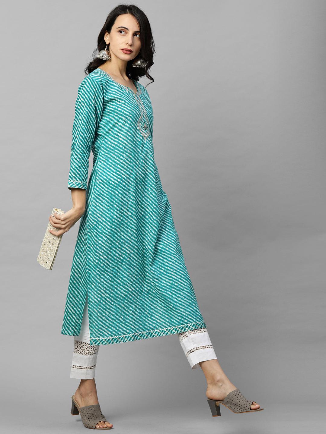 Leheriya Printed & Zari Embroidered Straight Kurta - Sea Green - Indiakreations