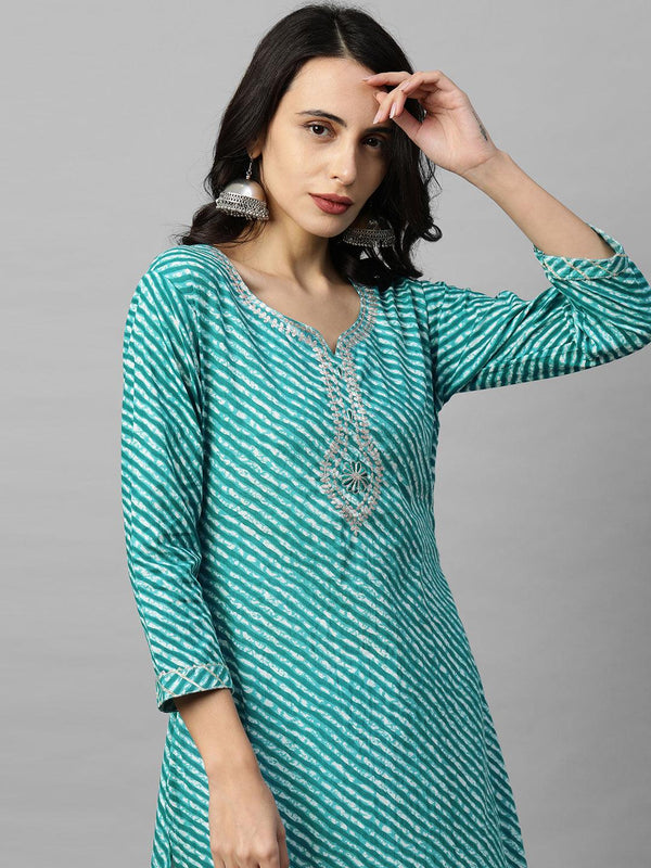 Leheriya Printed & Zari Embroidered Straight Kurta - Sea Green - Indiakreations