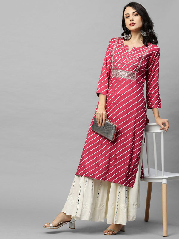 Leheriya Printed & Zari Embroidered Straight Kurta - Pink - Indiakreations