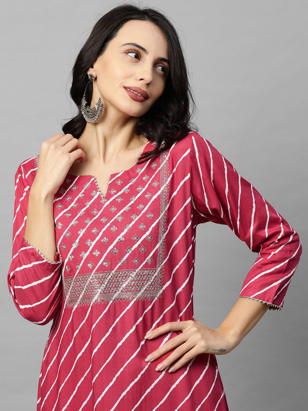 Leheriya Printed & Zari Embroidered Straight Kurta - Pink - Indiakreations