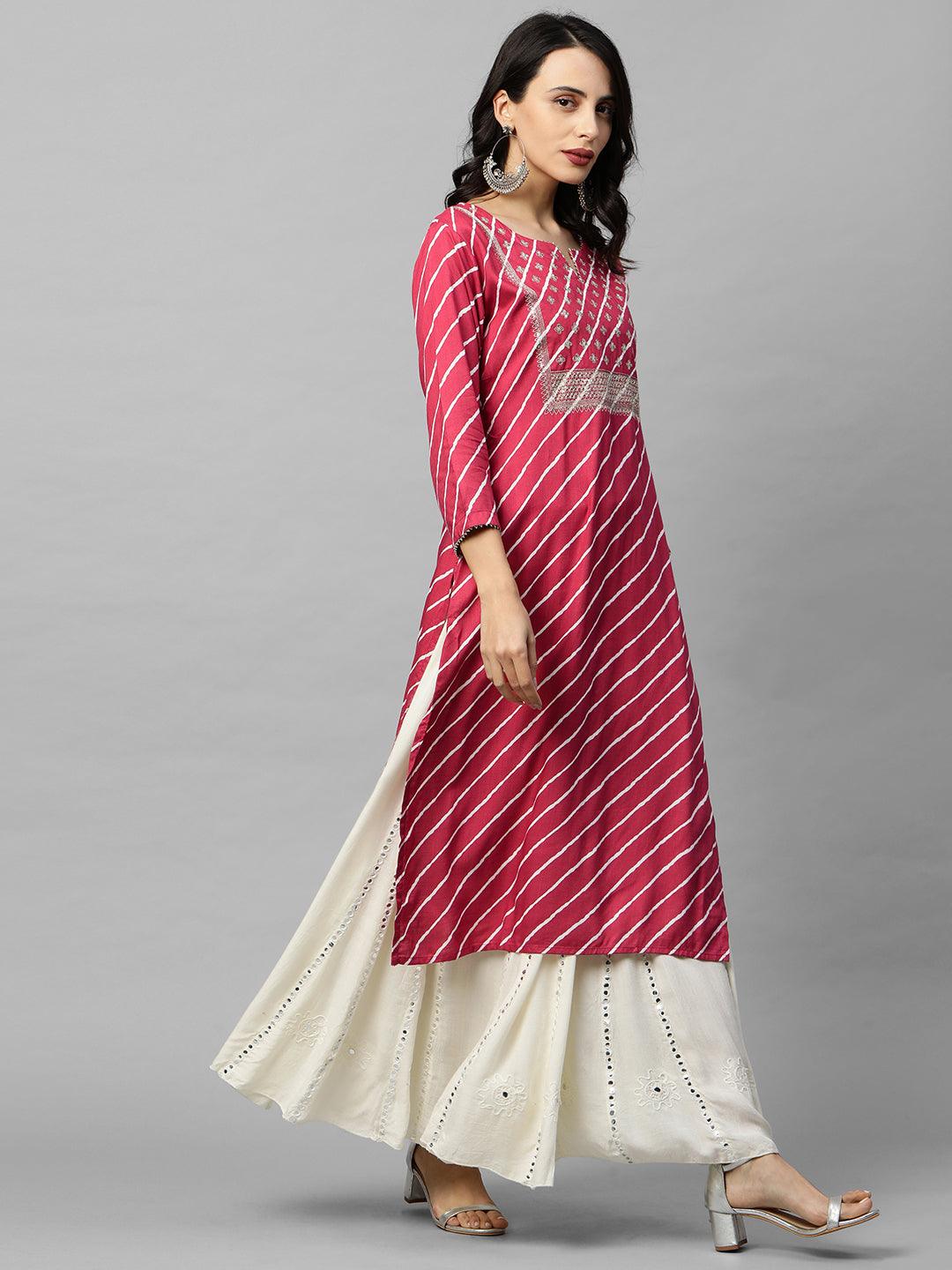 Leheriya Printed & Zari Embroidered Straight Kurta - Pink - Indiakreations