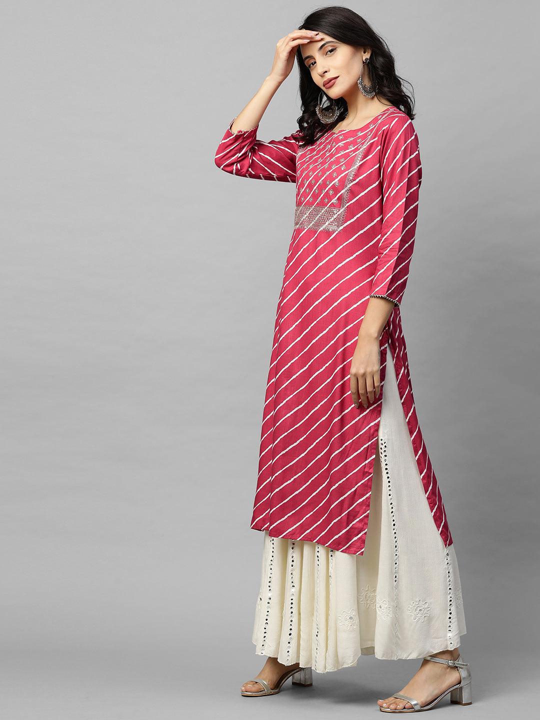 Leheriya Printed & Zari Embroidered Straight Kurta - Pink - Indiakreations