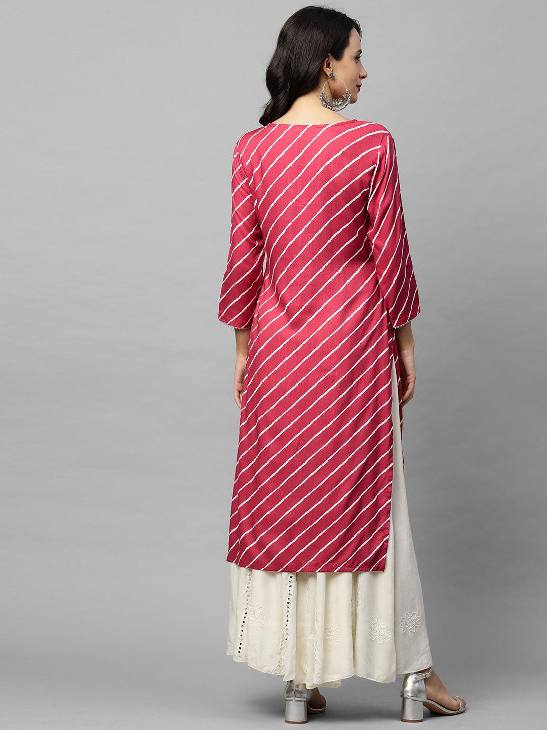 Leheriya Printed & Zari Embroidered Straight Kurta - Pink - Indiakreations