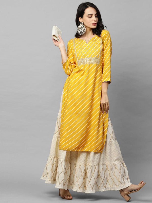 Leheriya Printed & Zari Embroidered Straight Kurta - Yellow - Indiakreations