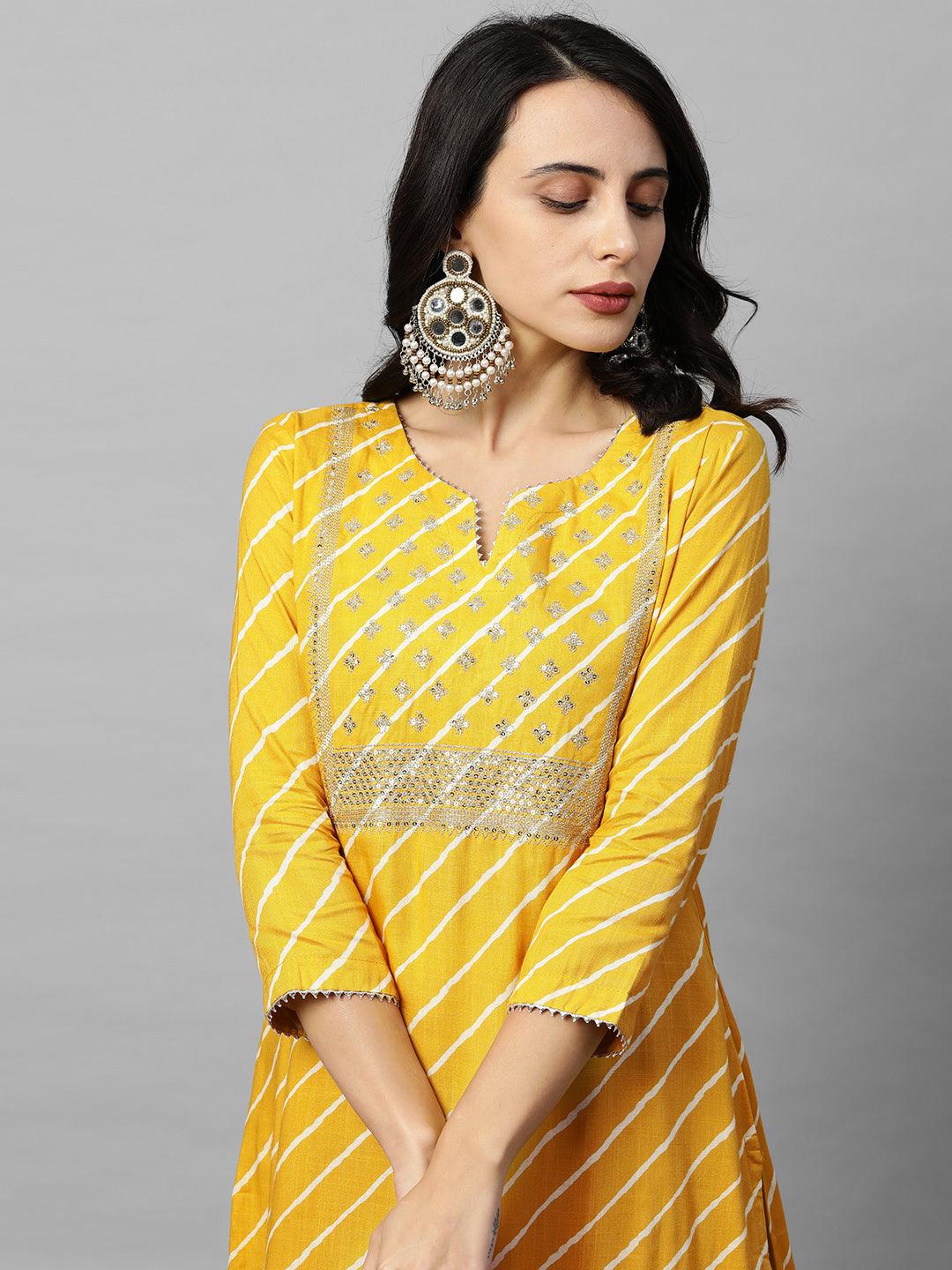 Leheriya Printed & Zari Embroidered Straight Kurta - Yellow - Indiakreations