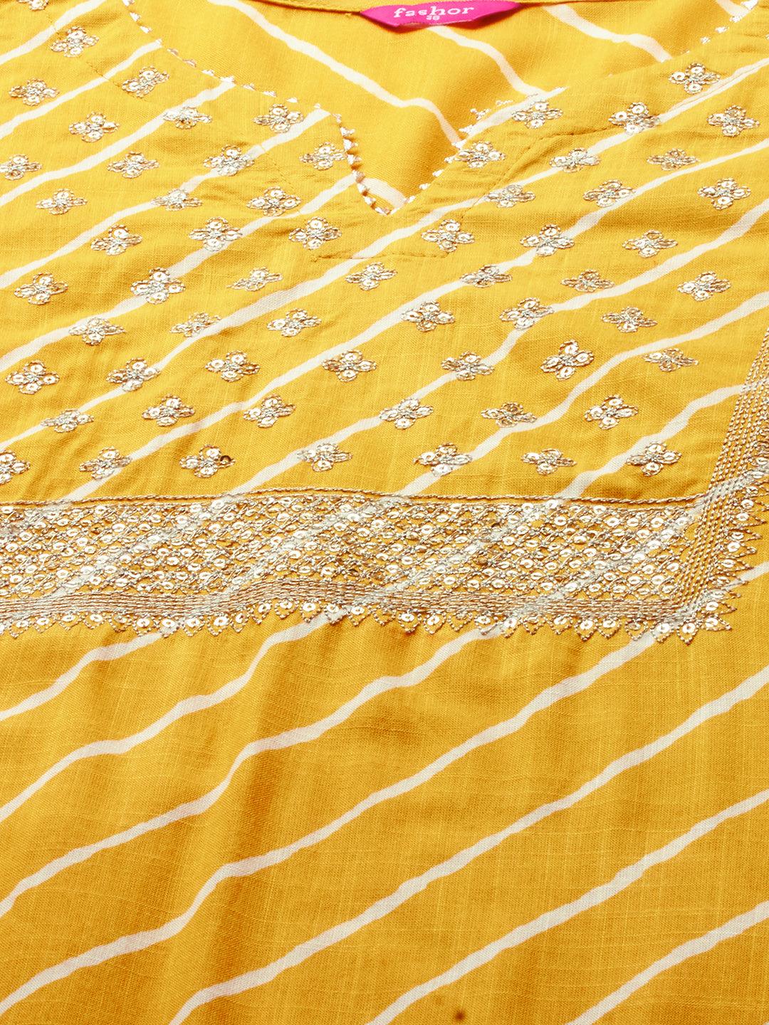 Leheriya Printed & Zari Embroidered Straight Kurta - Yellow - Indiakreations