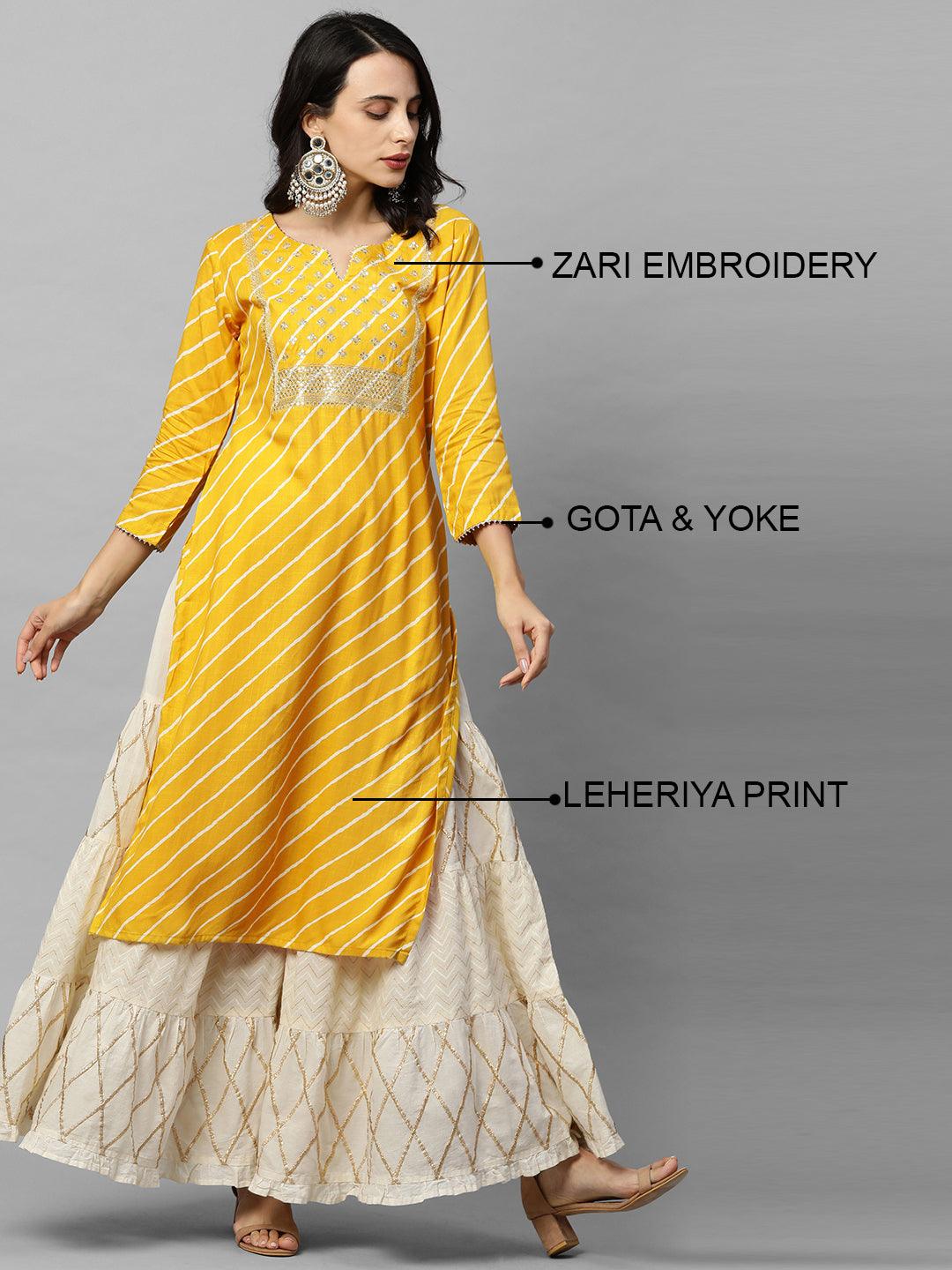 Leheriya Printed & Zari Embroidered Straight Kurta - Yellow - Indiakreations