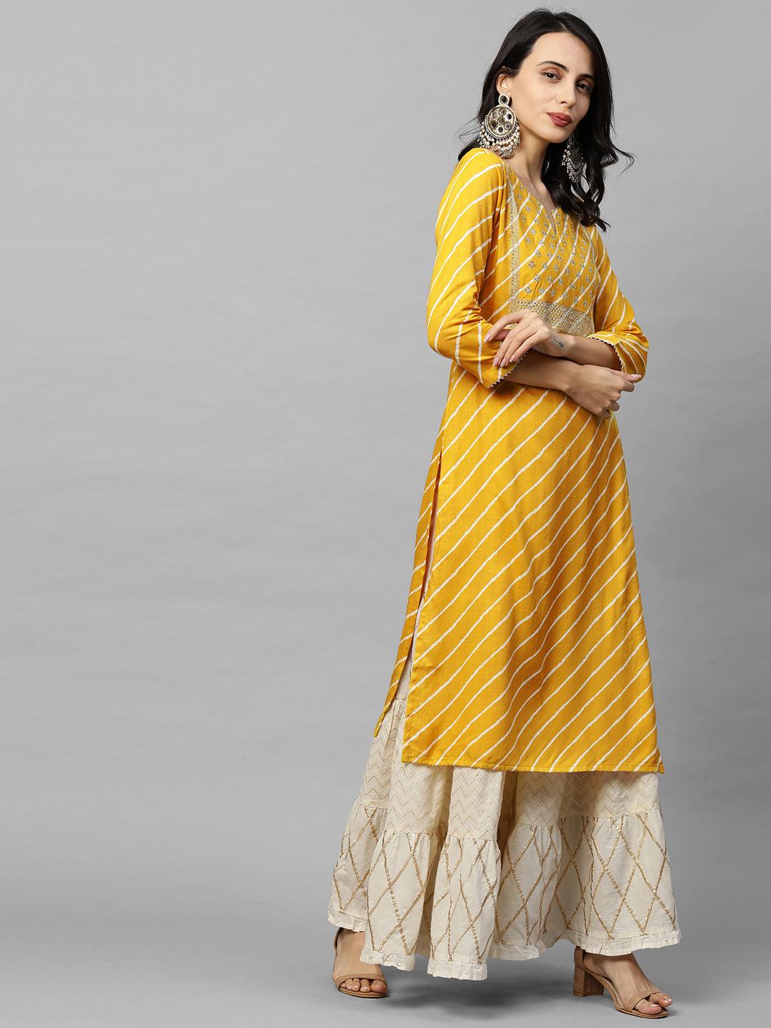 Leheriya Printed & Zari Embroidered Straight Kurta - Yellow - Indiakreations