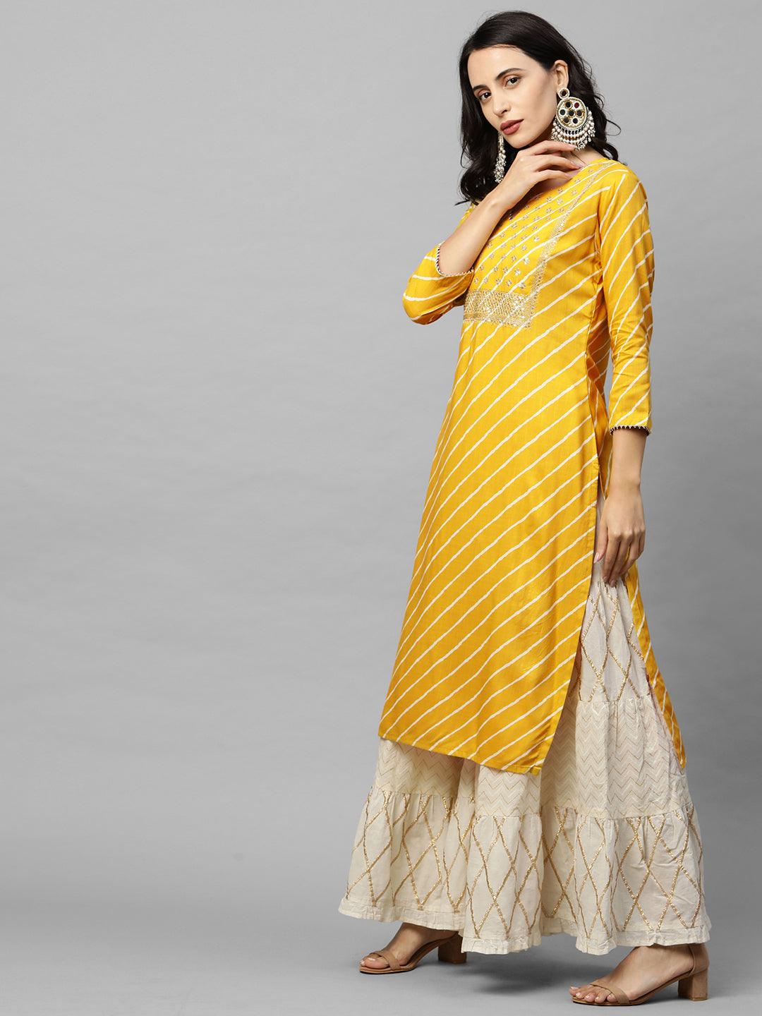 Leheriya Printed & Zari Embroidered Straight Kurta - Yellow - Indiakreations