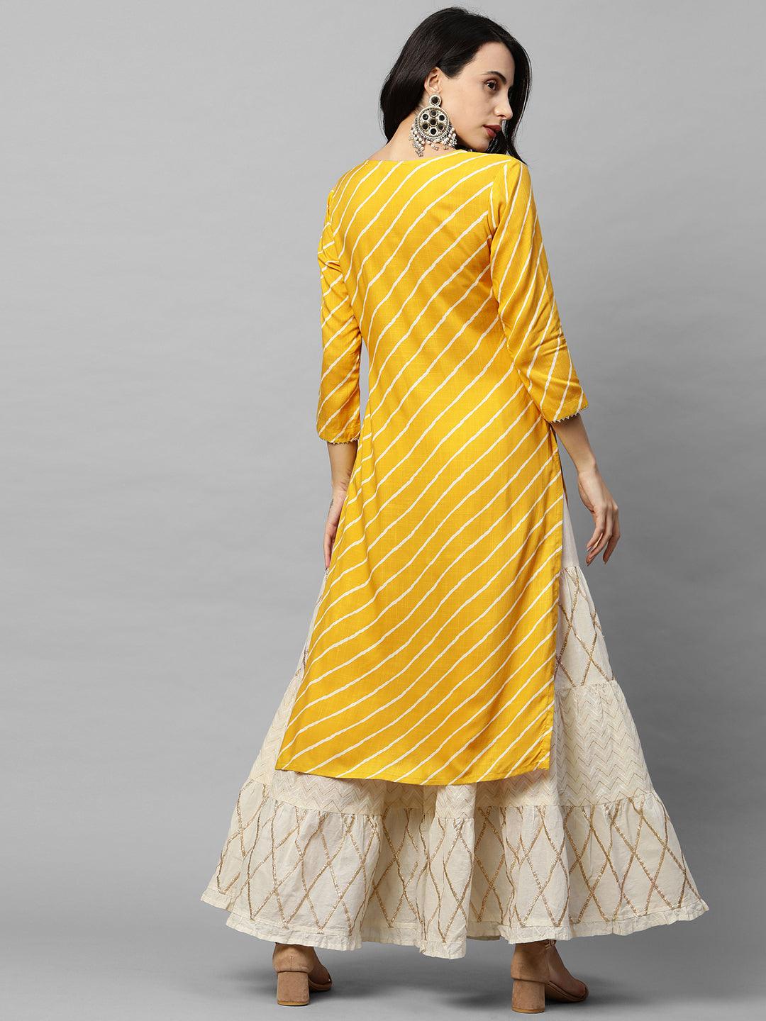 Leheriya Printed & Zari Embroidered Straight Kurta - Yellow - Indiakreations