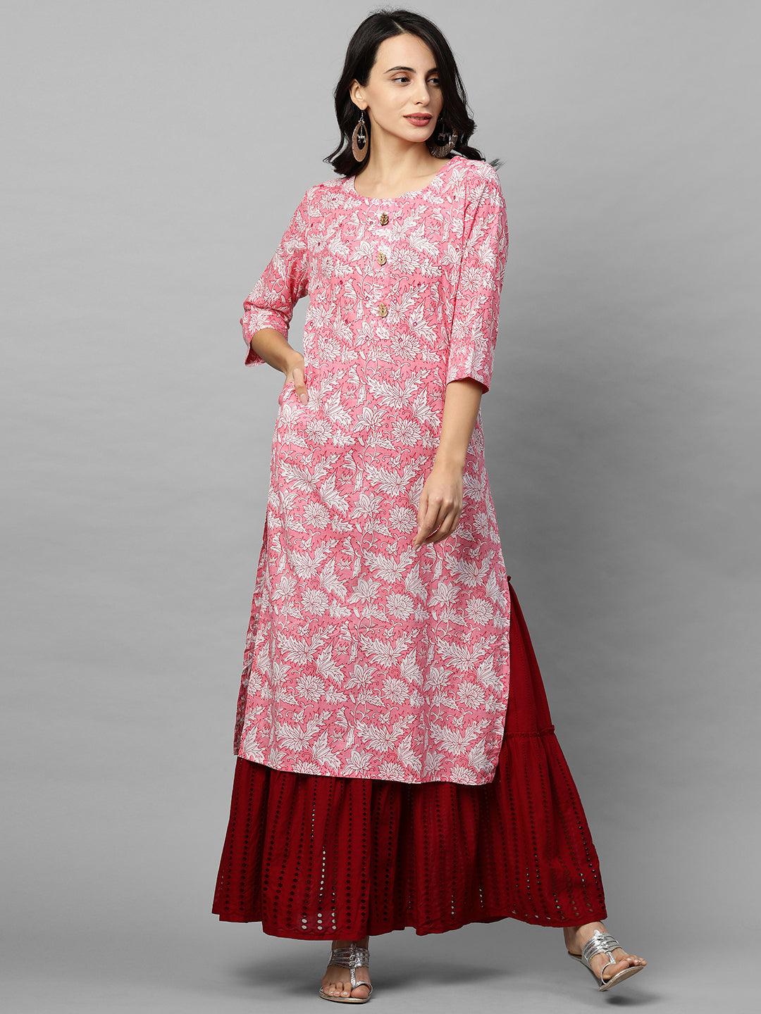 Floral Block Printed & Embroidered Straight Kurta - Light Pink - Indiakreations