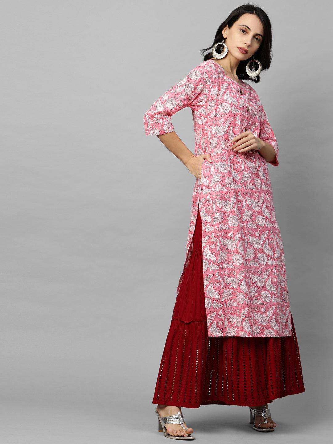 Floral Block Printed & Embroidered Straight Kurta - Light Pink - Indiakreations