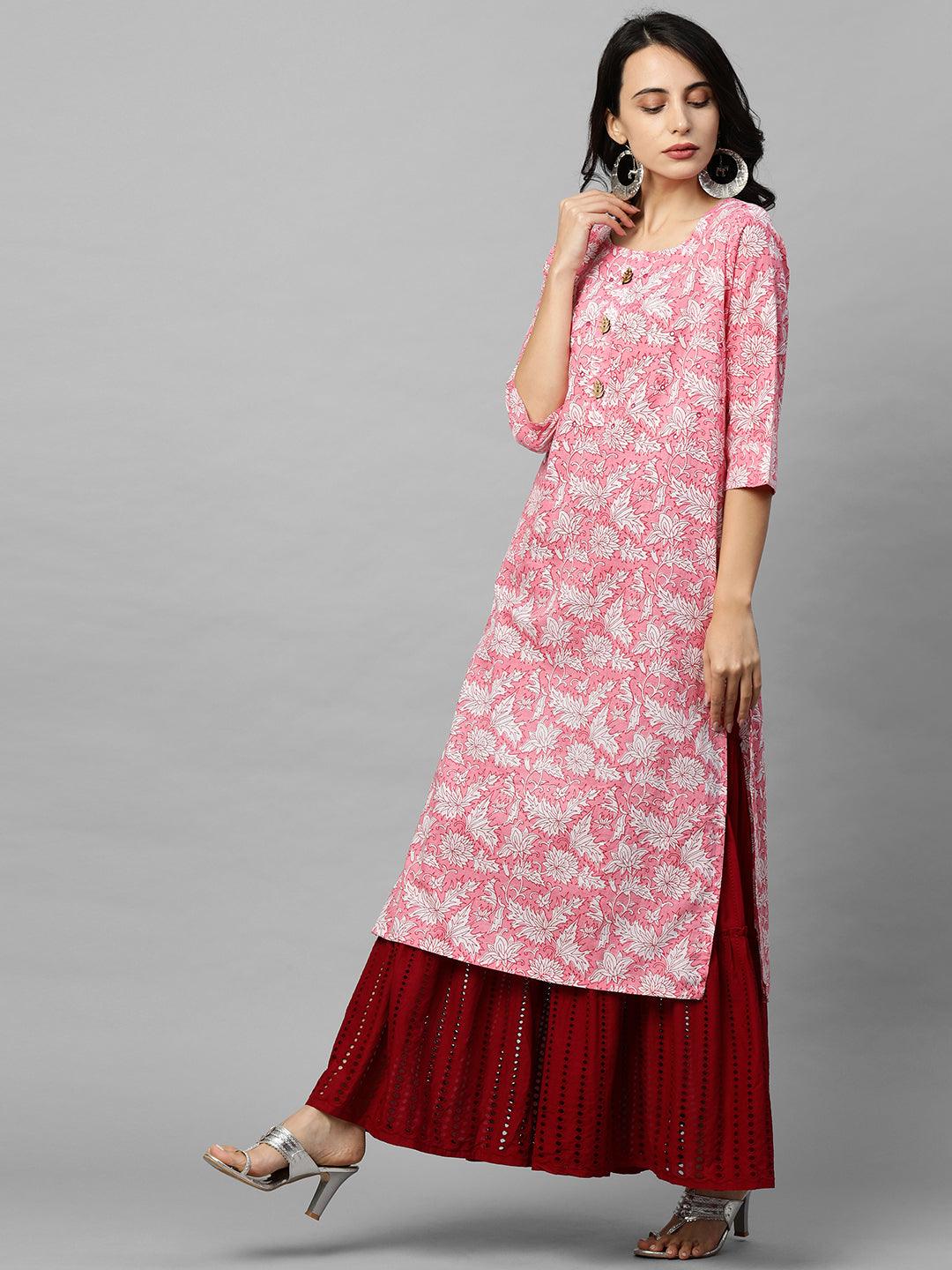 Floral Block Printed & Embroidered Straight Kurta - Light Pink - Indiakreations