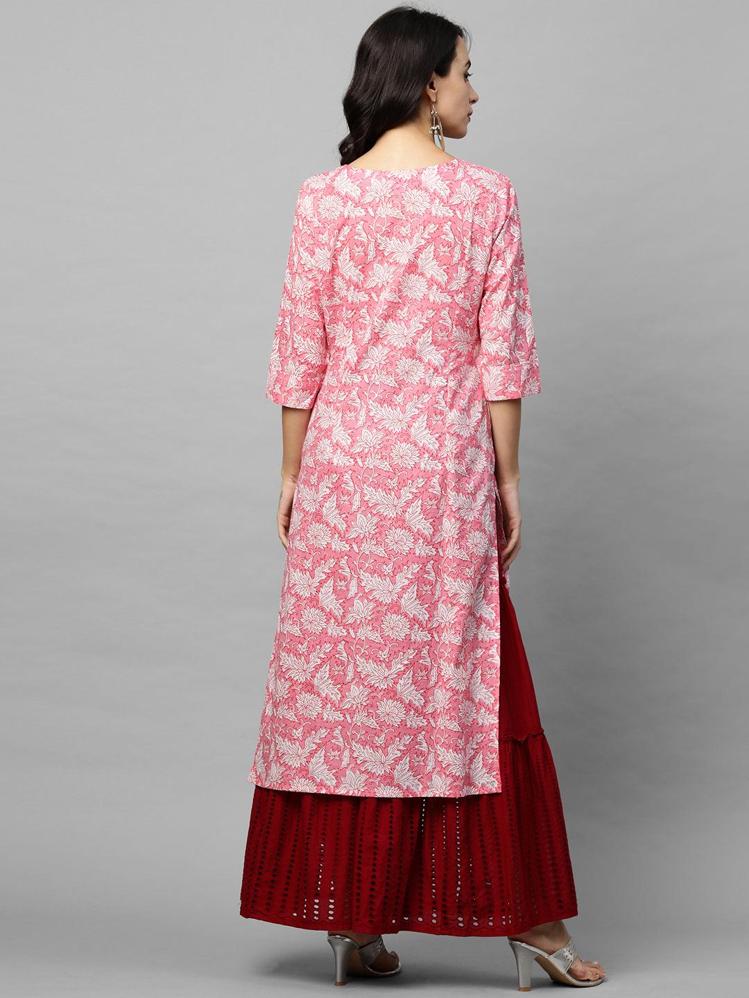 Floral Block Printed & Embroidered Straight Kurta - Light Pink - Indiakreations