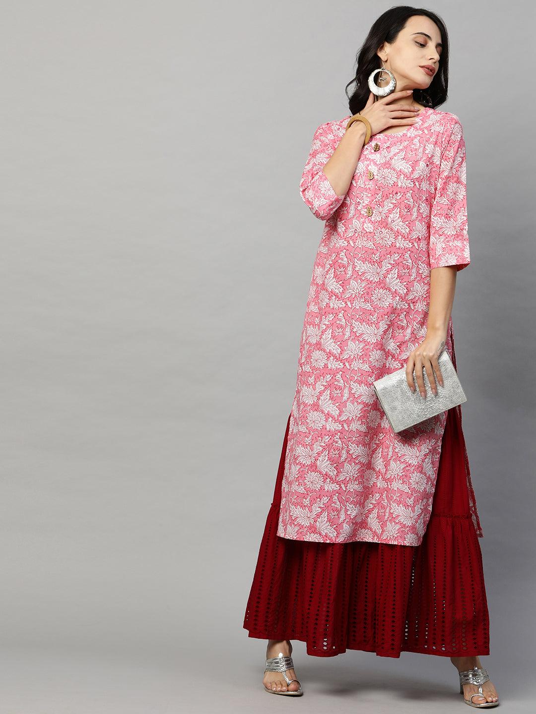 Floral Block Printed & Embroidered Straight Kurta - Light Pink - Indiakreations