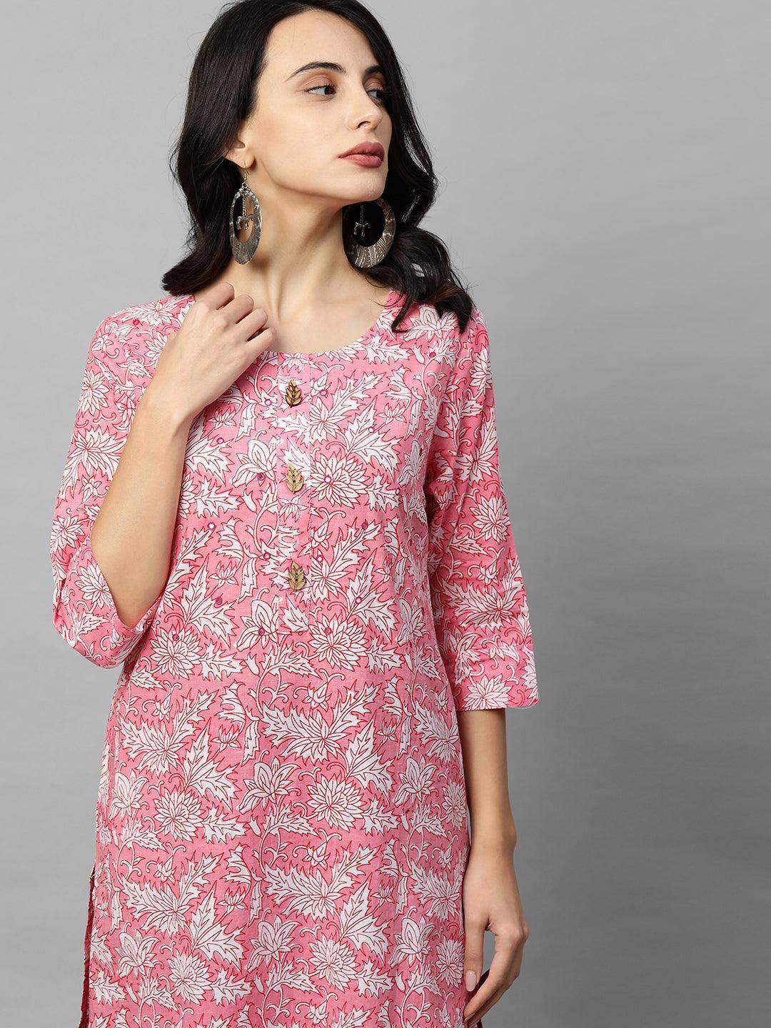 Floral Block Printed & Embroidered Straight Kurta - Light Pink - Indiakreations