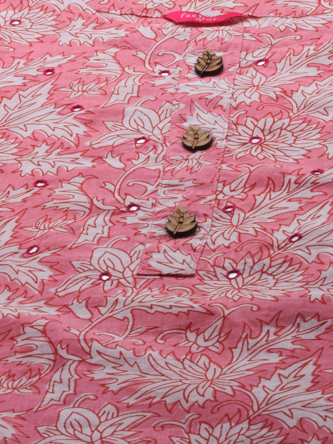 Floral Block Printed & Embroidered Straight Kurta - Light Pink - Indiakreations