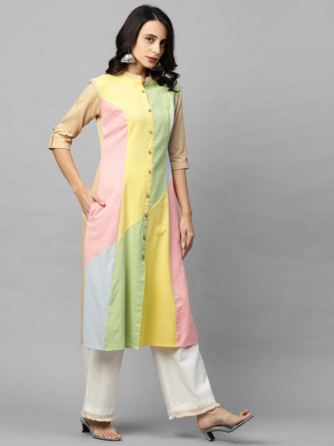 Colorful Patch Work A-Line Kurta - Multi - Indiakreations