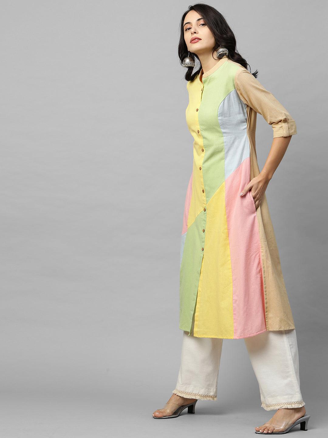 Colorful Patch Work A-Line Kurta - Multi - Indiakreations