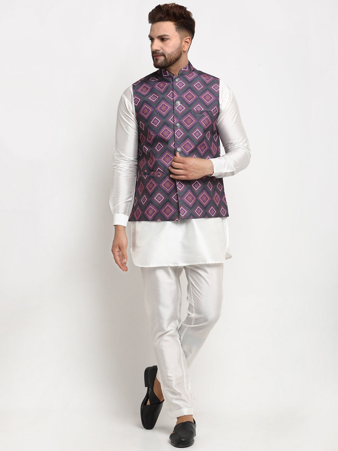 Men's Silk Blend White Kurta With Pyjama & Purple Printed Nehru Jacket - Benstoke