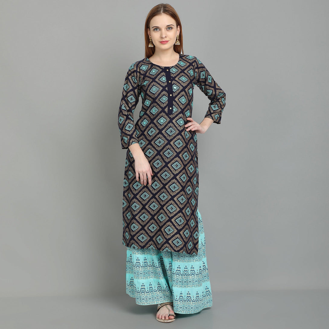 Women's Dark Blue Rayon Kurta And Sharara Set - Noz2Toz