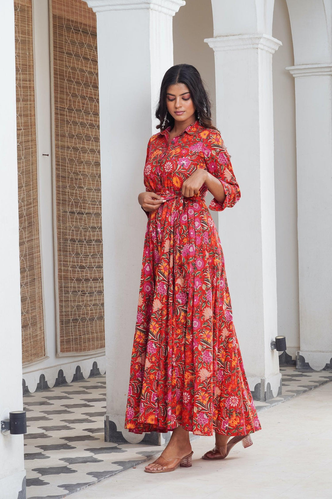 Red hand block shirt collar Maxi - Indiakreations