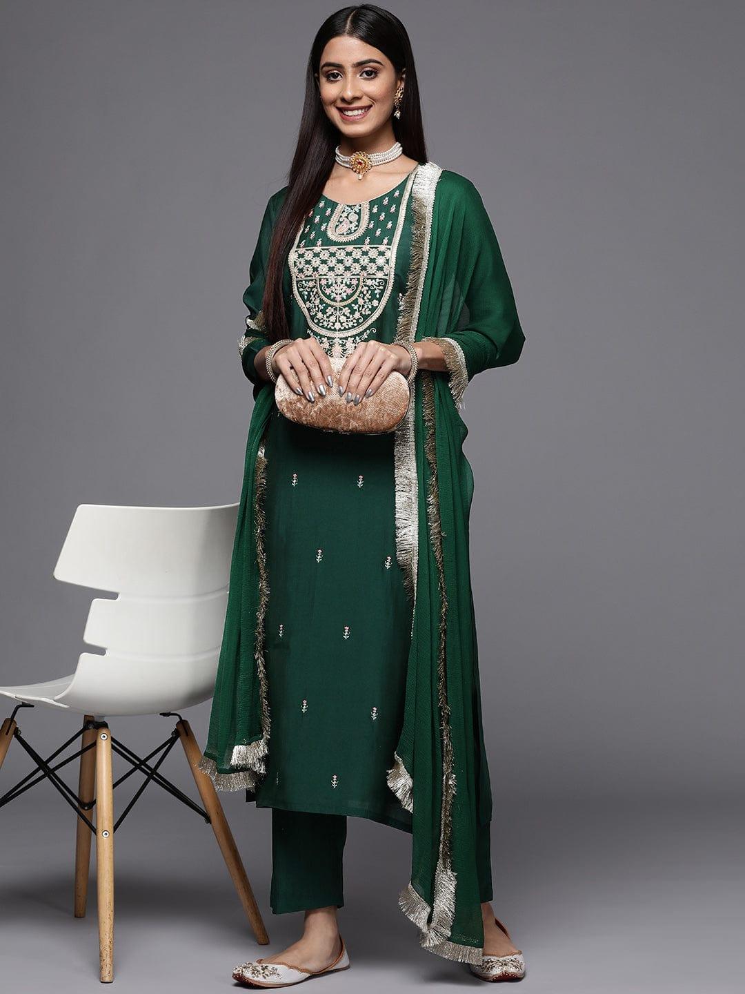 Varanga Women Floral Embroidered Kurta with Trousers & Dupatta - Indiakreations