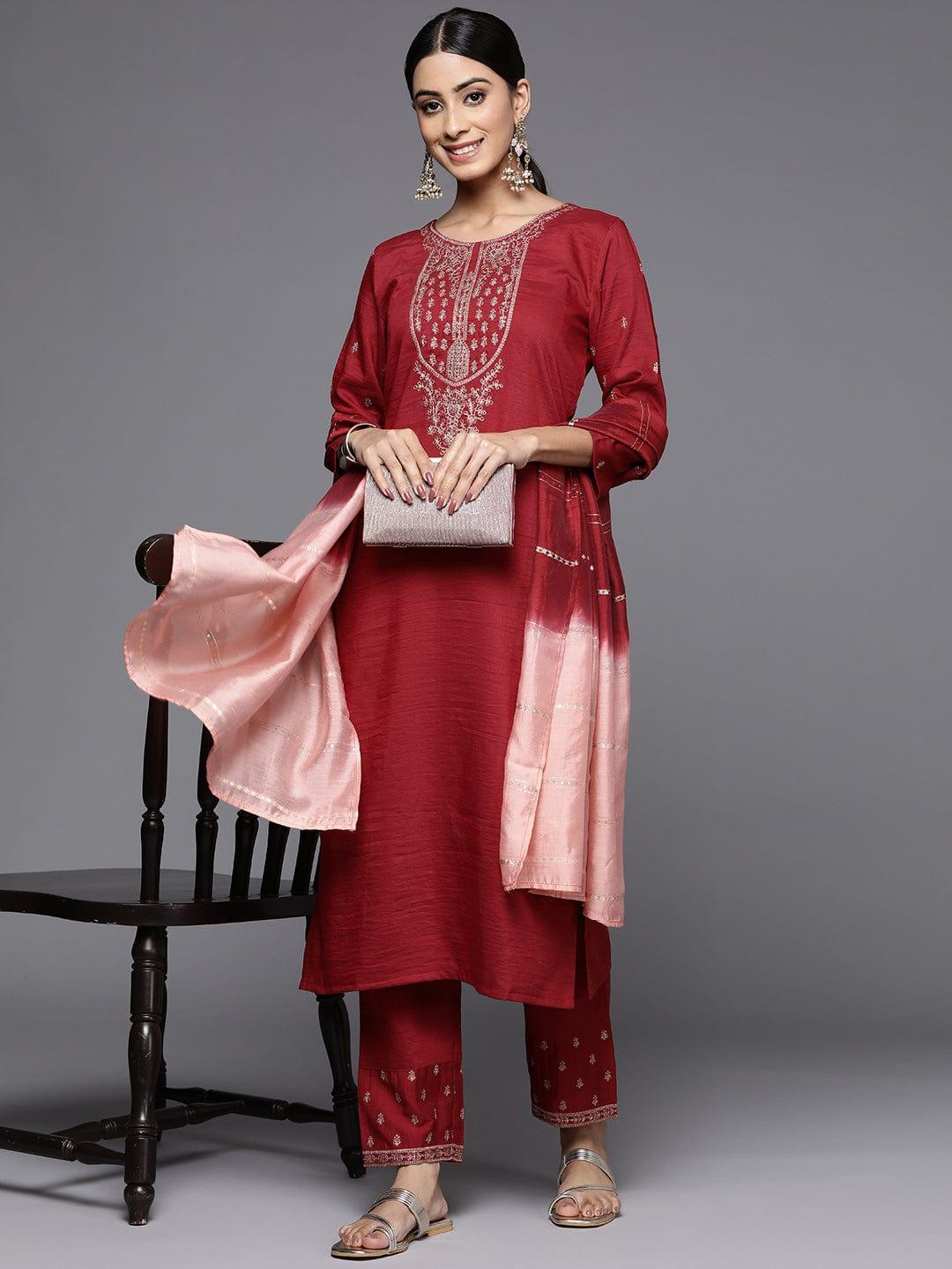 Varanga Maroon Embroidered Kurta With Embroidered Trouser And Ombre Dupatta - Indiakreations