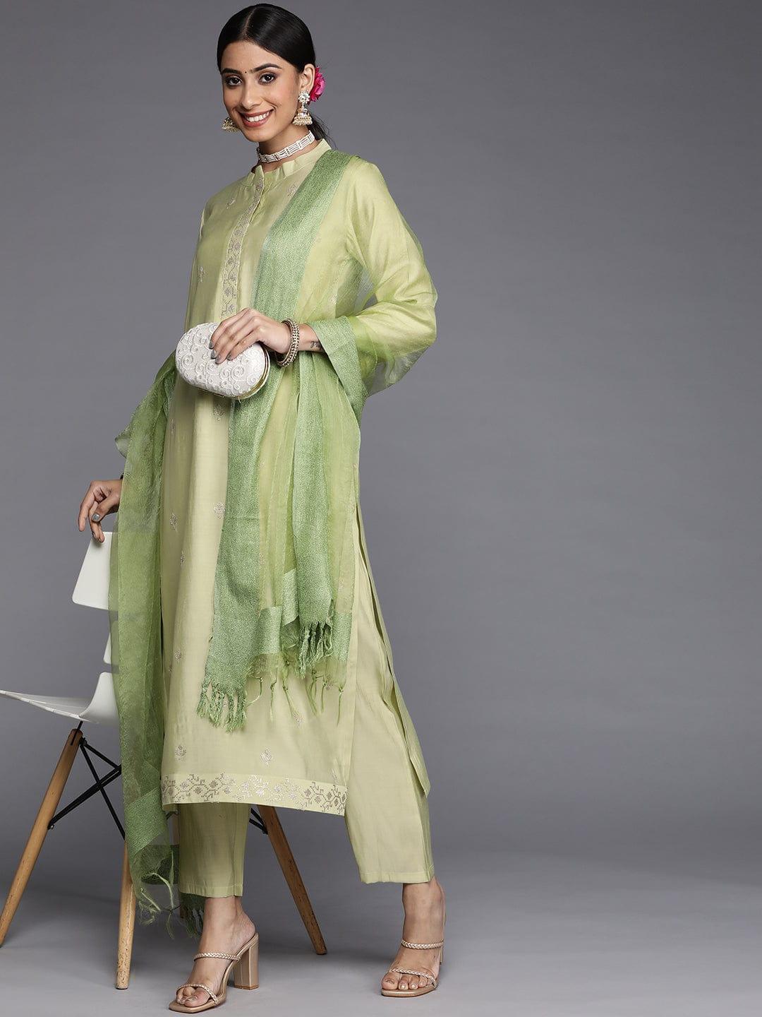 Varanga Women Green Embroidered Empire Kurta with Trousers & With Dupatta - Indiakreations