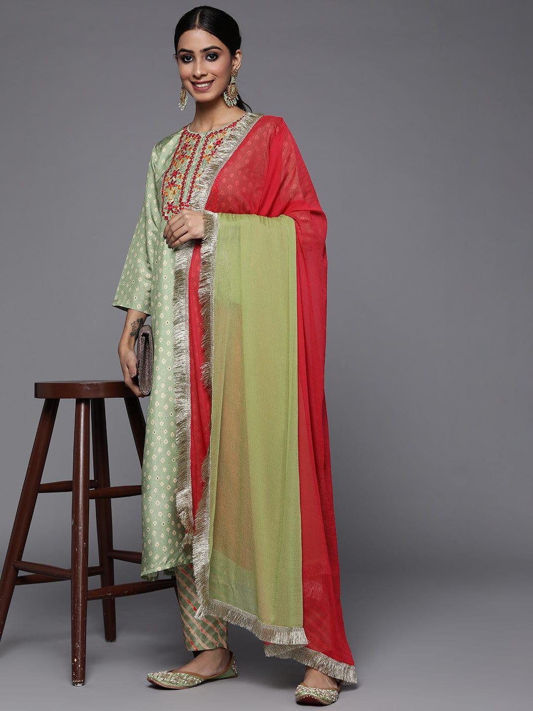 Varanga Women Green Leheriya Embroidered Mirror Work Kurta with Trousers & With Dupatta - Indiakreations