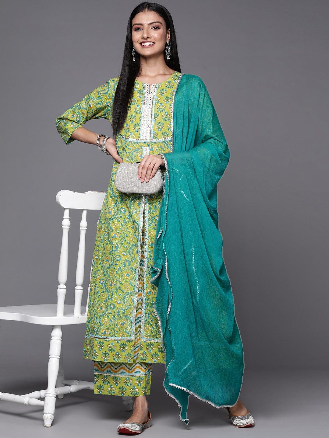 Varanga Women Green Floral Printed High Slit Mirror Work Pure Cotton Kurta with Palazzos & With Dupatta - Indiakreations