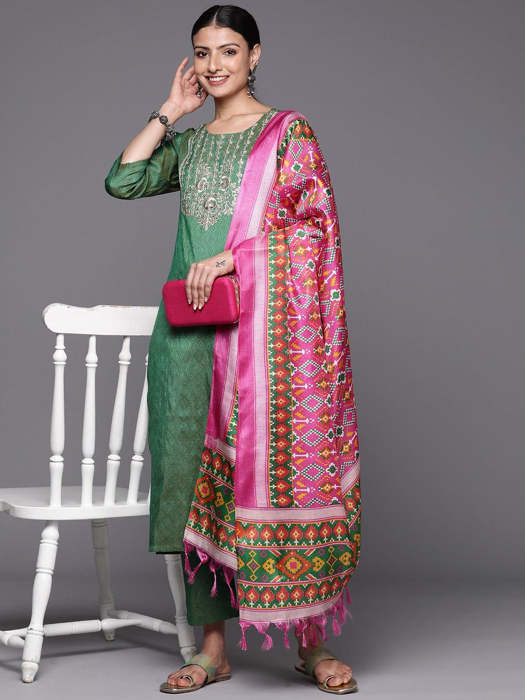 Varanga Women Green Ethnic Motifs Embroidered Kurta with Trousers & With Dupatta - Indiakreations