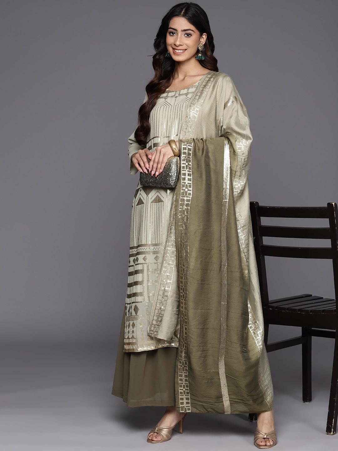 Varanga Embroidered Regular Sequinned Kurta With Sharara & Dupatta - Indiakreations